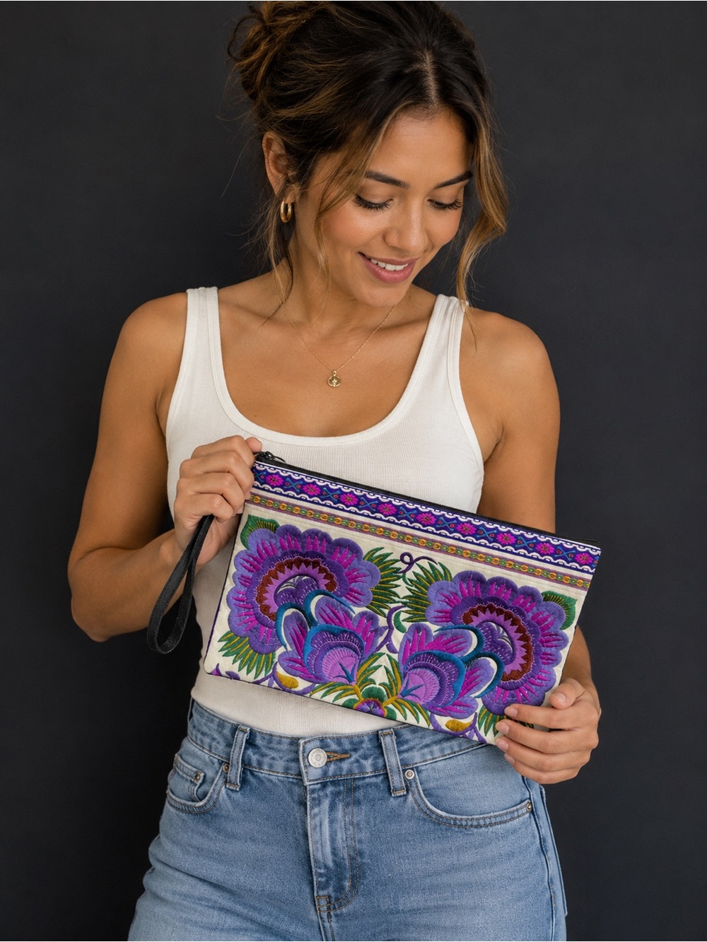 Embroidered Floral Wristlet Clutch in Purple and Blue